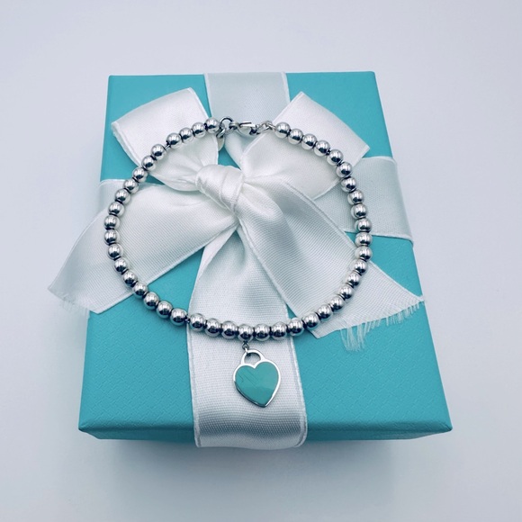 Return to Tiffany & Co. Blue Enamel Heart Mini Bead Bracelet 7” Sterling Silver - Picture 1 of 13